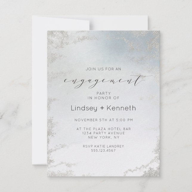 Ombre Dusty Blue Mattiert Silver Engagement Party Einladung (Vorderseite)