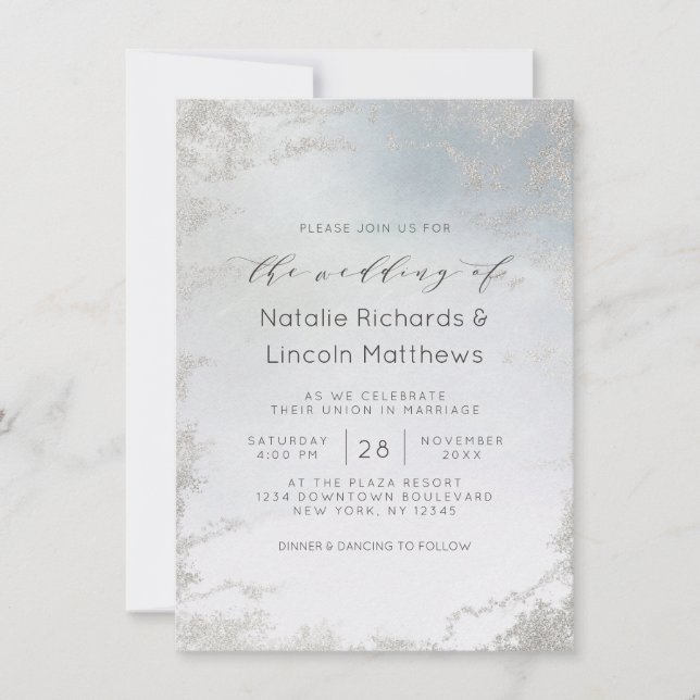 Ombre Dusty Blue Mattiert Silver Foil Chic Wedding Einladung (Vorderseite)
