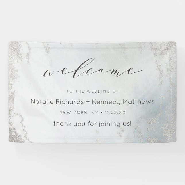 Ombre Dusty Blue Mattiert Silver Wedding Willkomme Banner (Horizontal)