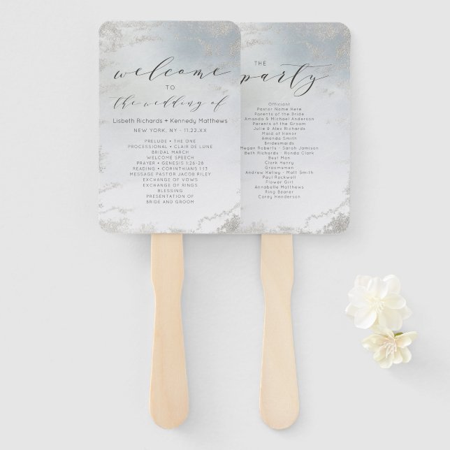 Ombre Dusty Blue Mattiert Wedding Zeremony Program Fächer (Vorne und Hinten)