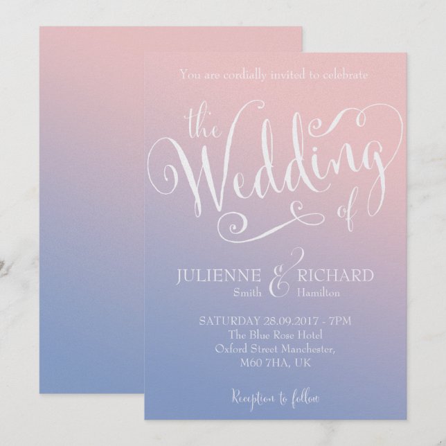 Ombre erröten Baby-Blau-Märchen-Hochzeit Einladung (Vorne/Hinten)