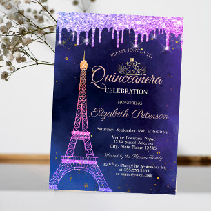 Ombre Glitter Eiffelturm Tiara Tropfen Quinceañera Einladung
