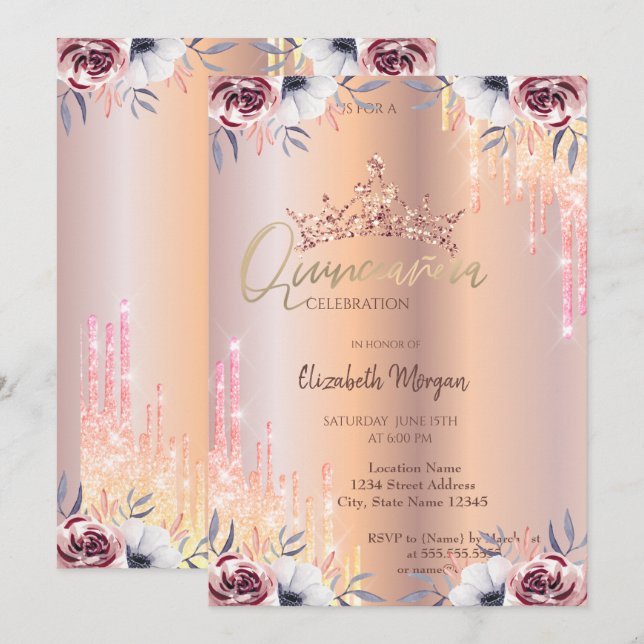 Ombre Glitzer Drop Tiara Floral Quinceañera Einladung (Vorne/Hinten)