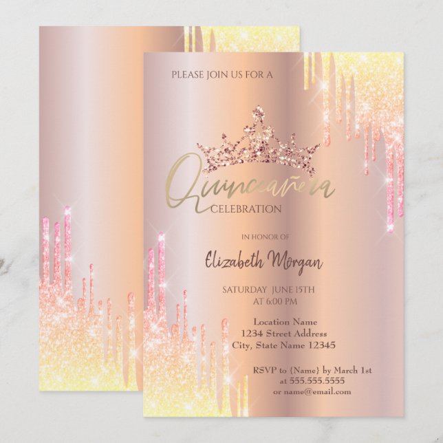 Ombre Glitzer Drop Tiara Rose Gold Quinceañera Einladung (Vorne/Hinten)
