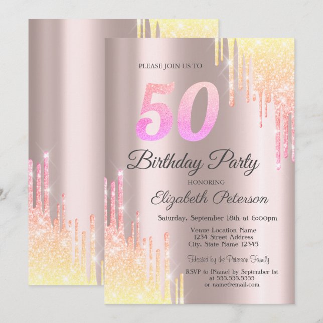 Ombre Glitzer Tropfen 50. Geburtstagsparty Einladung (Vorne/Hinten)