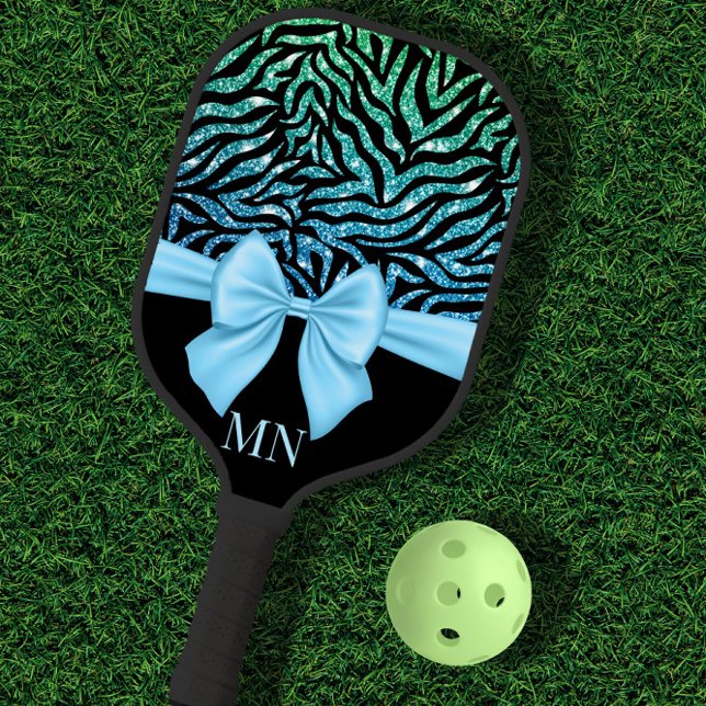 Ombre Glitzer Zebra Blue Bow Mit Monogramm Pickleball Schläger (Von Creator hochgeladen)