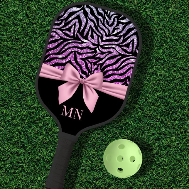 Ombre Glitzer Zebra Pink Bow Mit Monogramm Pickleball Schläger (Von Creator hochgeladen)