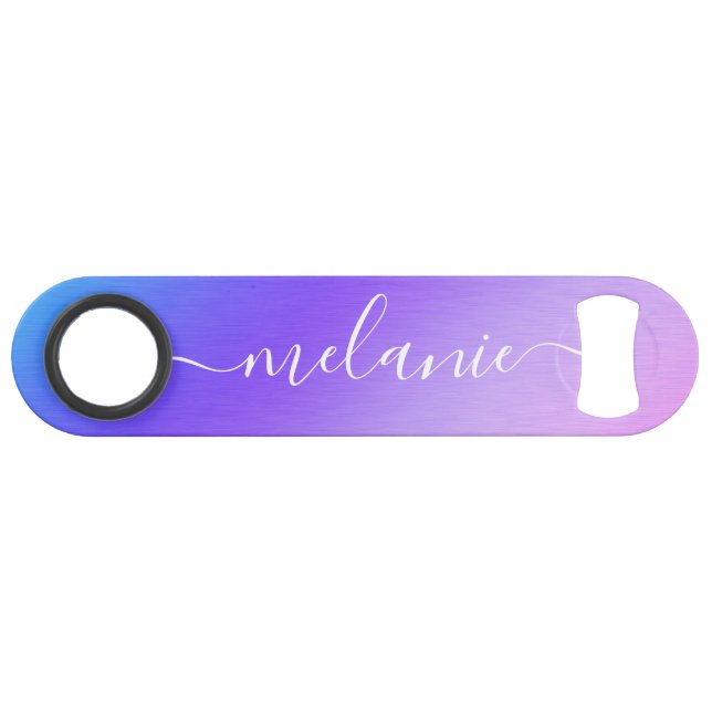 Ombre Gradient Blue Lila Calligraphy Name Speed Flaschenöffner (Vorderseite (Horizontal))
