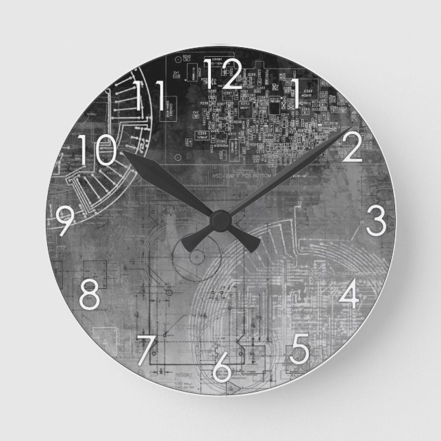 Ombre Gray bis Black-Platine Nerd Geek Runde Wanduhr (Vorderseite)