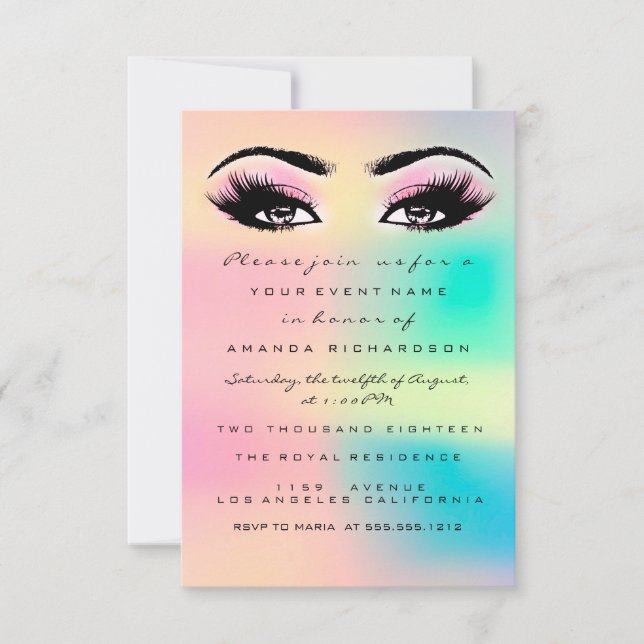 Ombre Holographic Pastel Bridal Sweet 16. Eyelash Einladung (Vorderseite)