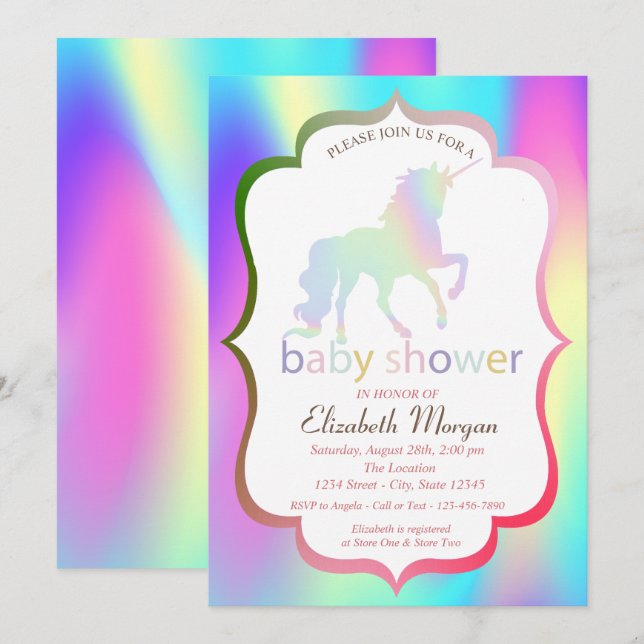 Ombre Holographic Unicorn Kinderdusche Einladung (Vorne/Hinten)