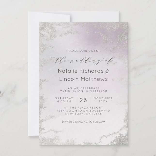 Ombre Light Lila Silver Foil Luxe Script Wedding Einladung (Vorderseite)