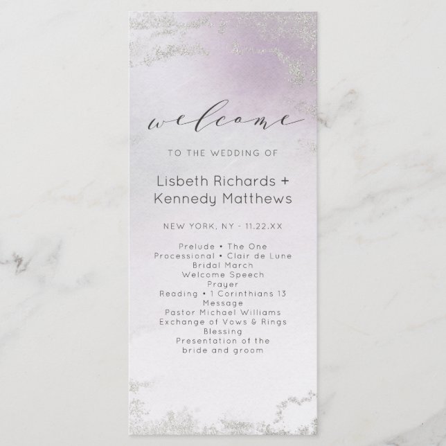 Ombre Light Lila Silver Foil Wedding Zeremonie Programm (Vorderseite)