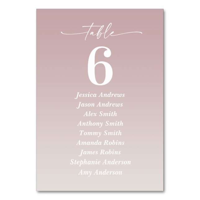 Ombre Mauve Pink & Gardenia White Guest Names Tischnummer (Vorderseite)