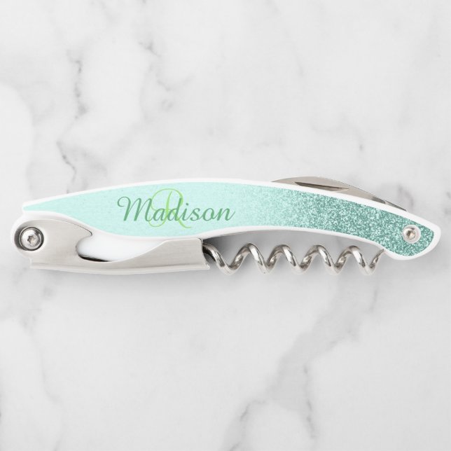 Ombre Mint Green Fading Stylish Monogram Glitzer Kellnermesser (Vorderseite)