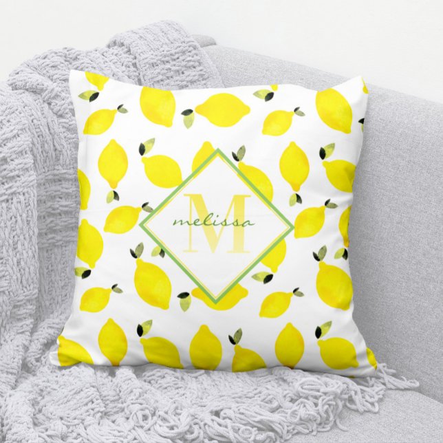 Ombre Monogram Bright Lemons Yellow Green Kissen (Modern Lemon Pattern Monogram Pillow with Name)