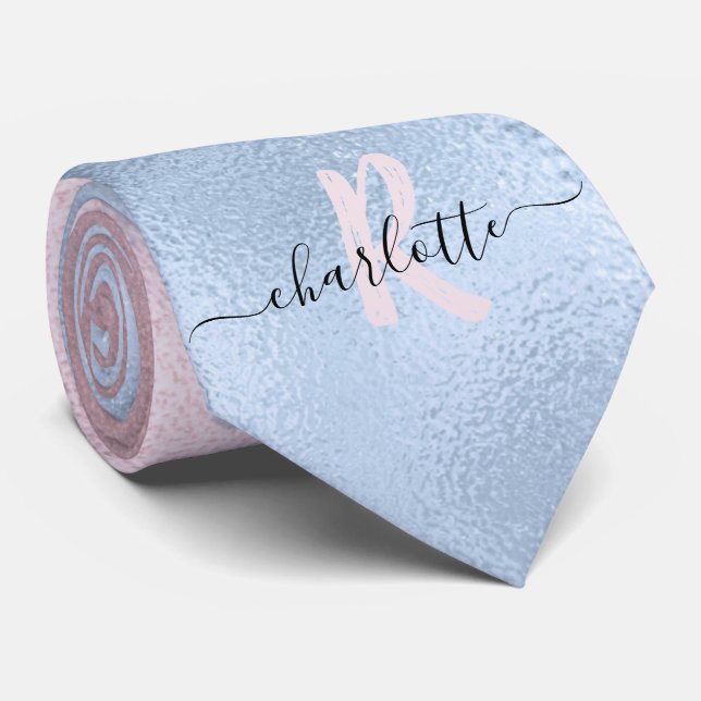 Ombre Monogram Shimmery Rose Gold und Baby Blue Krawatte (Gerollt)