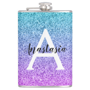 Ombre Pink Blue Lila Glitzer Glitzern Monogramm Flachmann