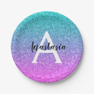 Ombre Pink Blue Lila Glitzer Glitzern Monogramm Pappteller