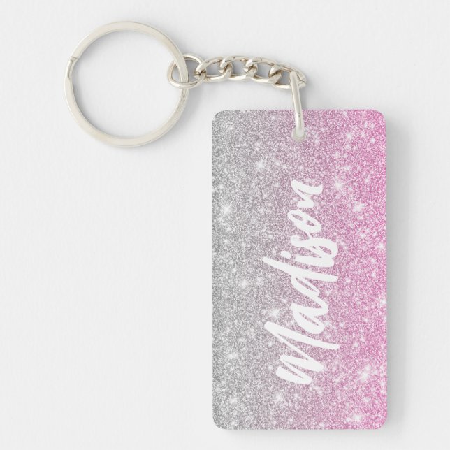 Ombre Pink Silver Glitzer Calligraphy Name Schlüsselanhänger (Vorderseite)