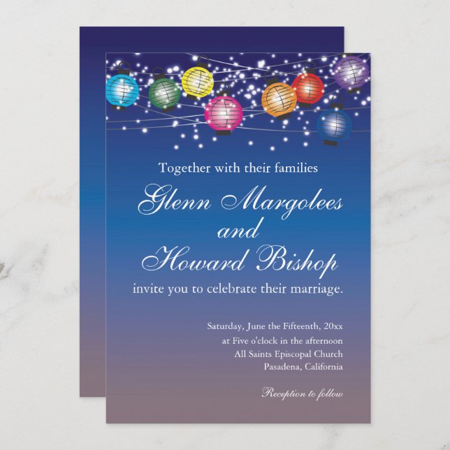 Ombre Rainbow Lanterns Wedding Einladung (Vorne/Hinten)