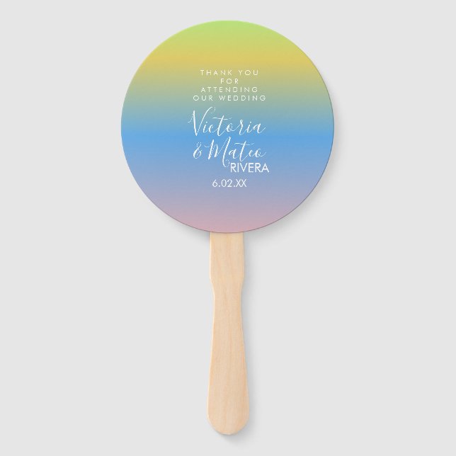 Ombre Rainbow Yellow Blue Pink Wedding Vielen Dank Fächer (Vorderseite)