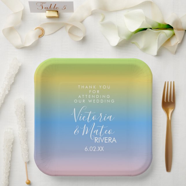 Ombre Rainbow Yellow Blue Pink Wedding Vielen Dank Pappteller (Hochzeit)