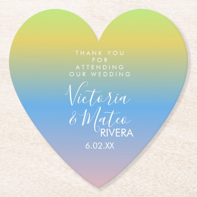 Ombre Rainbow Yellow Blue Pink Wedding Vielen Dank Untersetzer (Vorderseite)