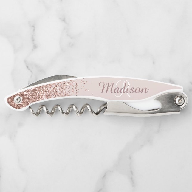 Ombre Rose Gold Stylish Monogram Glitzer Kellnermesser (Rückseite)