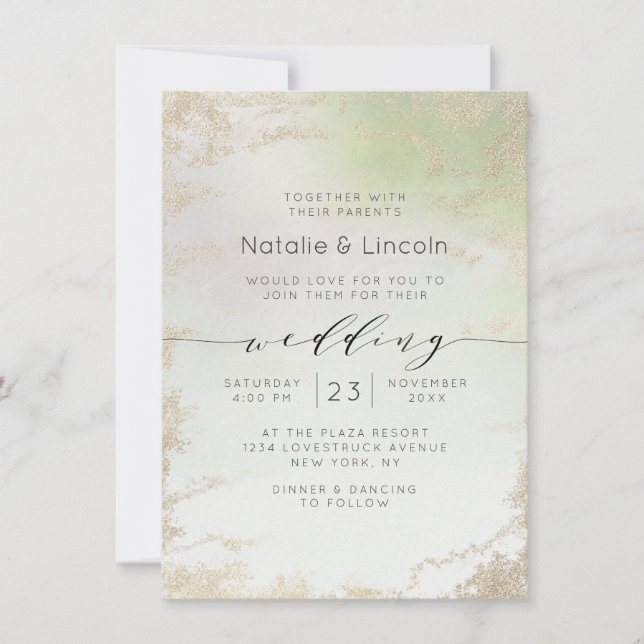 Ombre Spring Green Gold Foil Frost Trendy Wedding Einladung (Vorderseite)