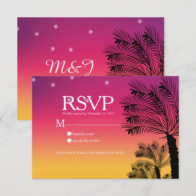 Ombre Sunset Beach Tropical Palm Trees Wedding Einladung (Vorne/Hinten)