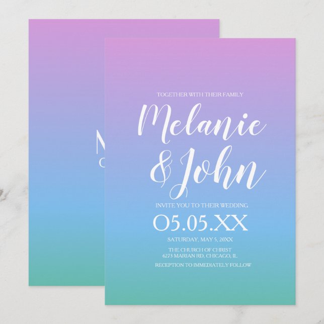 Ombre Tone Rainbow Soft Lila Blue Green Wedding Einladung (Vorne/Hinten)