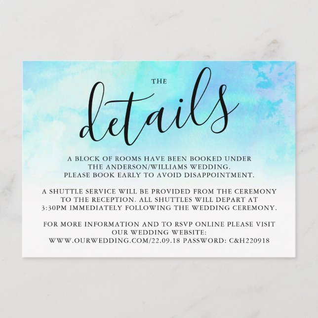 Ombre Watercolor Wedding Detail Card - Blau Begleitkarte (Vorderseite)