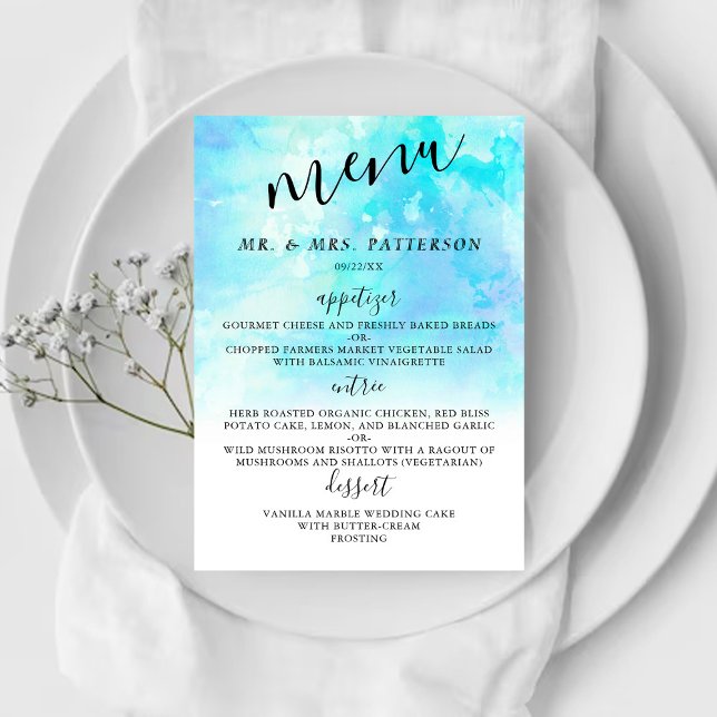 Ombre Watercolor Wedding Menu Cards - Blau Menükarte (Von Creator hochgeladen)