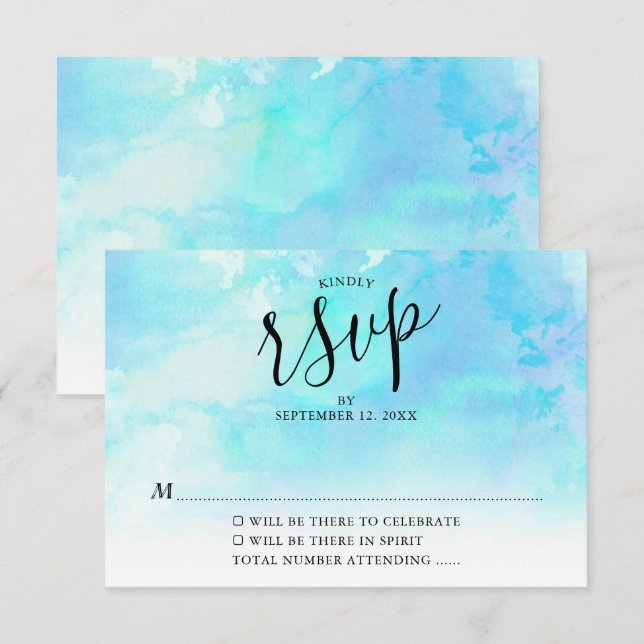 Ombre Watercolor Wedding RSVP Card - Blau Einladung (Vorne/Hinten)