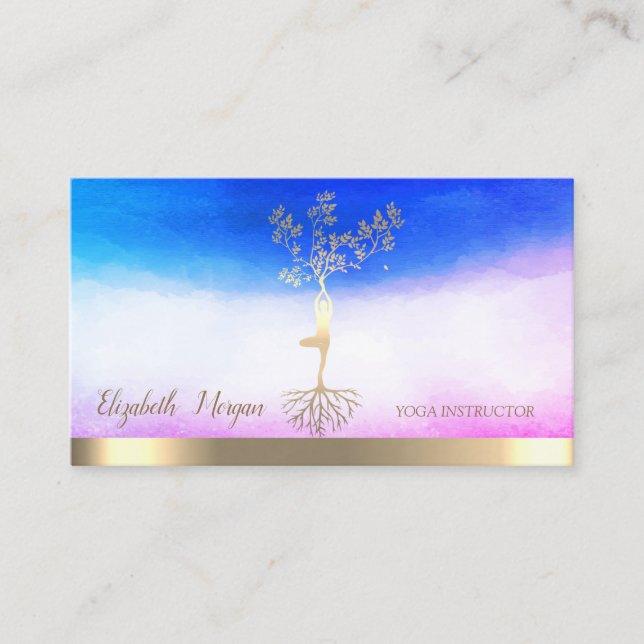 Ombre Yoga Instructor Gold Tree Women Silhouette Visitenkarte (Vorderseite)