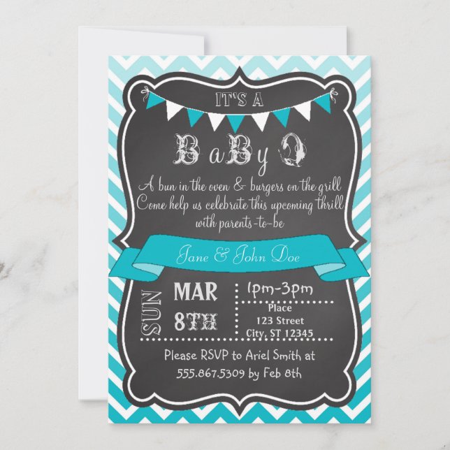 Ombre Zickzack Chalkboard BabyQ Einladung (Vorderseite)
