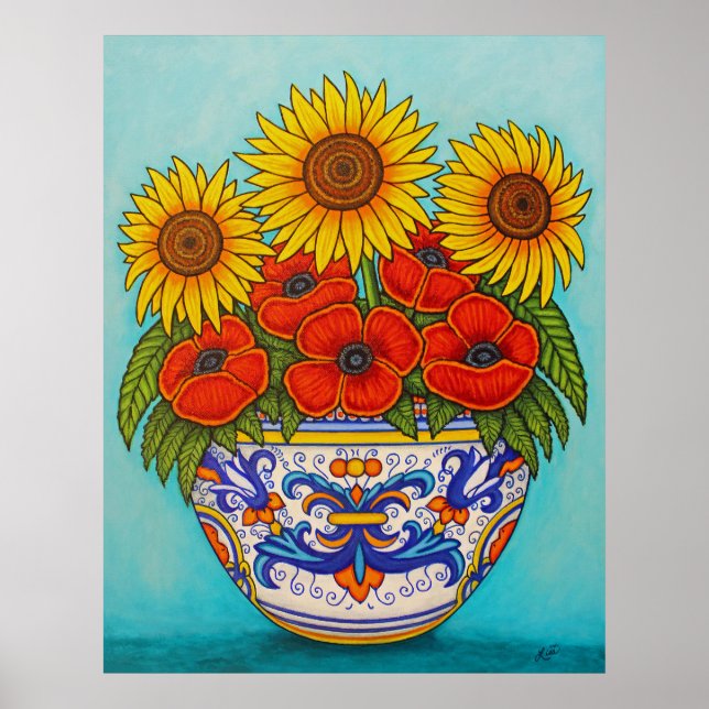 Ombrie Bouquet Poppy Tournesol Poster Imprimer (Devant)
