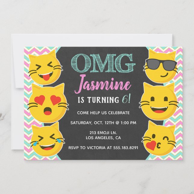 OMG Cat Emoji Girl's Geburtstag Einladung (Vorderseite)