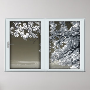 Ominous White Tree Blossoms Imitate Window Illusio Poster