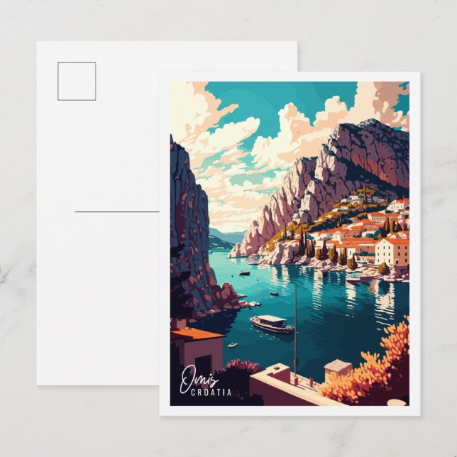 Omis Croatia Vintage Reise Illustration Postkarte (Vorne/Hinten)