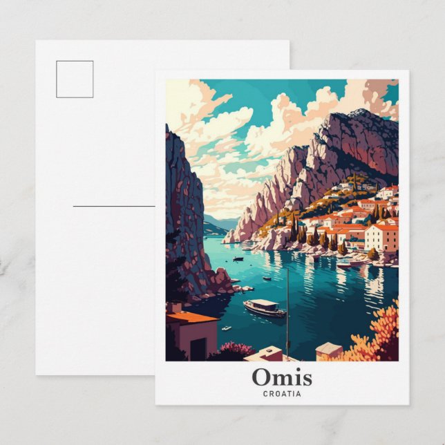 Omis Croatia Vintage Travel Potrait Illustration Postkarte (Vorne/Hinten)