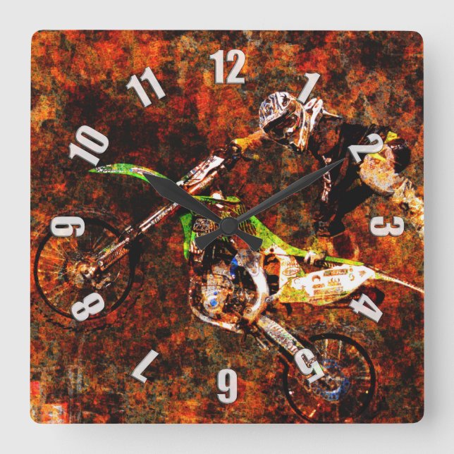 "On Fire" Freestyle Motocross Rider Quadratische Wanduhr (Vorderseite)