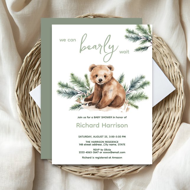 On peut attendre avec baby shower invitation (Bearly wait cute watercolor forest baby shower invitation )