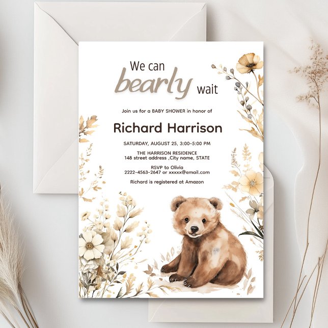 On peut attendre avec baby shower invitation (Cute forest bear with rustic beige flowers baby shower invitation)