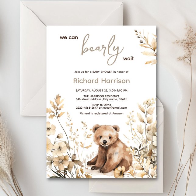 On peut attendre avec baby shower invitation (Cute watercolor forest bear with rustic beige flowers baby shower invitation)