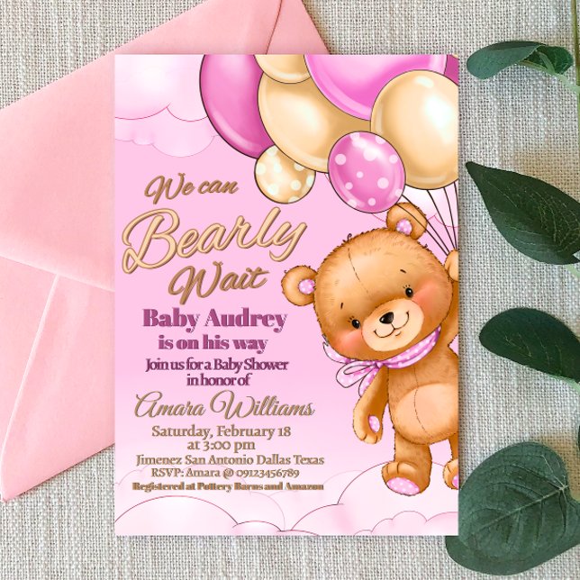 On peut attendre - Invitation Baby shower fille (We Can Bearly Wait - Girl Baby Shower Invitation)