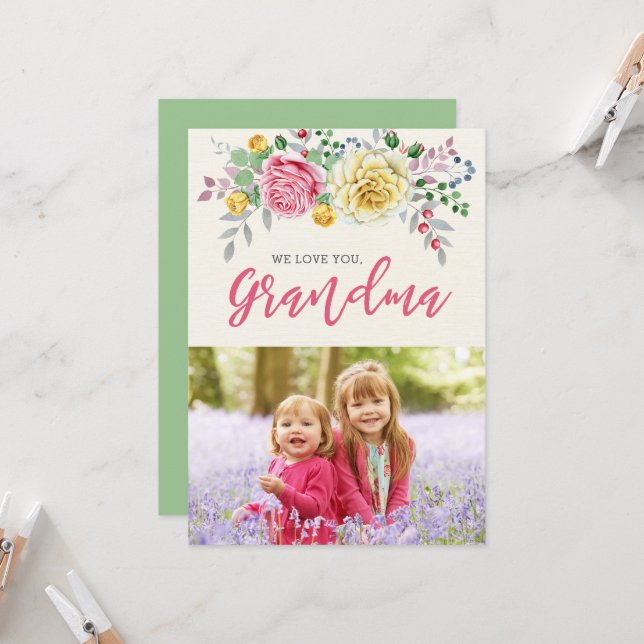 On t'aime grand-mère | Carte Flat Photo (Devant/Arrière en situation)