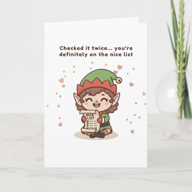 On the Nice List Cute Puchi Dōshi Elf Christmas  Karte (Vorderseite)
