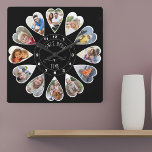 Once Upon a Time 12 Heart Shaped Photos Black Quadratische Wanduhr<br><div class="desc">Create your own multi photo clock to tell your story - the center of the clock face is lettered with "Once upon a time" in handwritten typography. Use the photo template to add 12 of your favorite photos, which will be displayed in heart shaped frames. The design uses portrait vertical...</div>